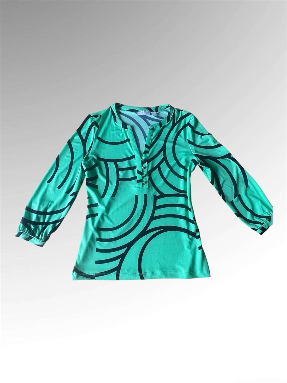 New York & Company Teal Long-Sleeve Top w/Navy Geometric Print - Essentials Core